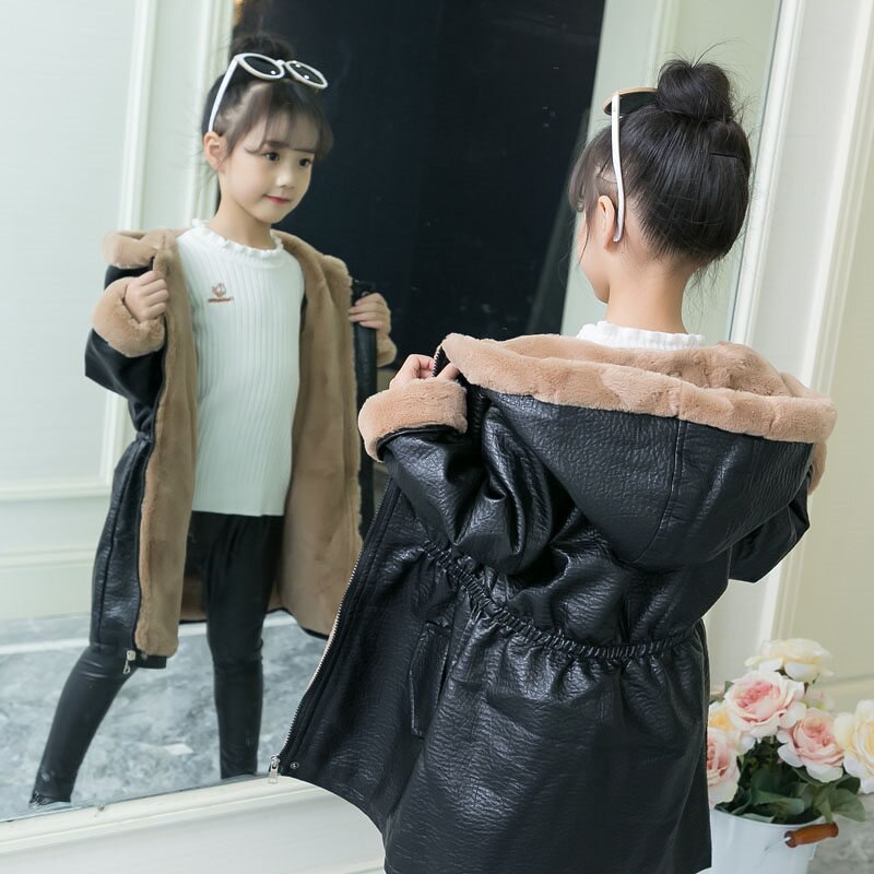 Faux Lederen Jas Meisjes Hooded Parka Fleece Jas Lange Lederen Elastische Taille Lederen Fleece Stof Waterdichte Bovenkleding Jas
