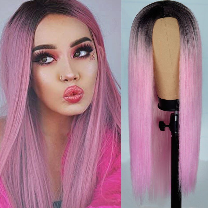 Peluca de pelo sintético para mujer, largo, liso, Rosa, Verde, con cierre, para uso diario, juego de peluca precoloreada