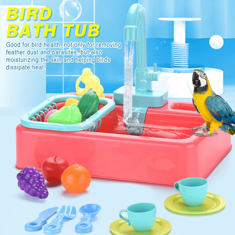 Bañera de Baño de aves automática multifuncional Rotatable para mascotas, suministros para loros, ducha con grifo, comedero, juguete casero