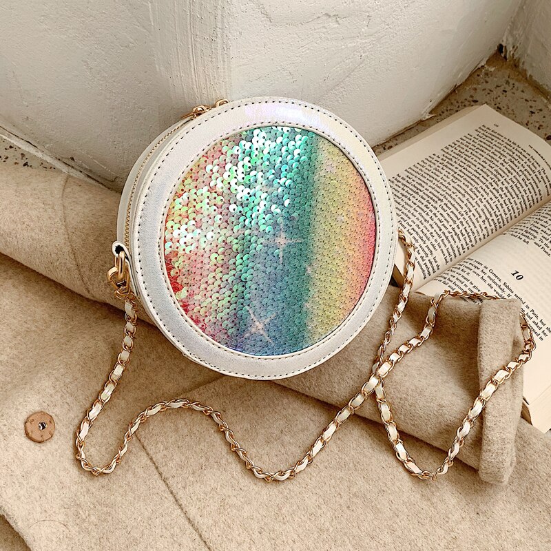 Kleurrijke pailletten ronde witte en blauwe nieuwe dames schoudertas met ketting, handtassen en portemonnees, crossbody mini tas voor dames, bosla tote bag: Wit een
