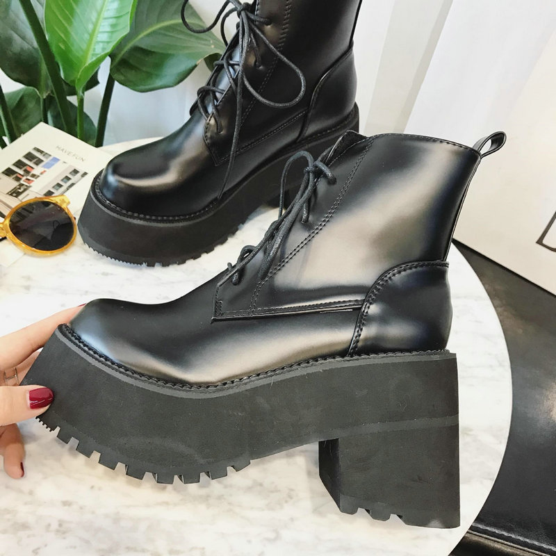 Botas de cuero para mujer, Botines de tacón grueso a la , zapatos de tacón alto cálidos para invierno, botas negras con plataforma, B460,