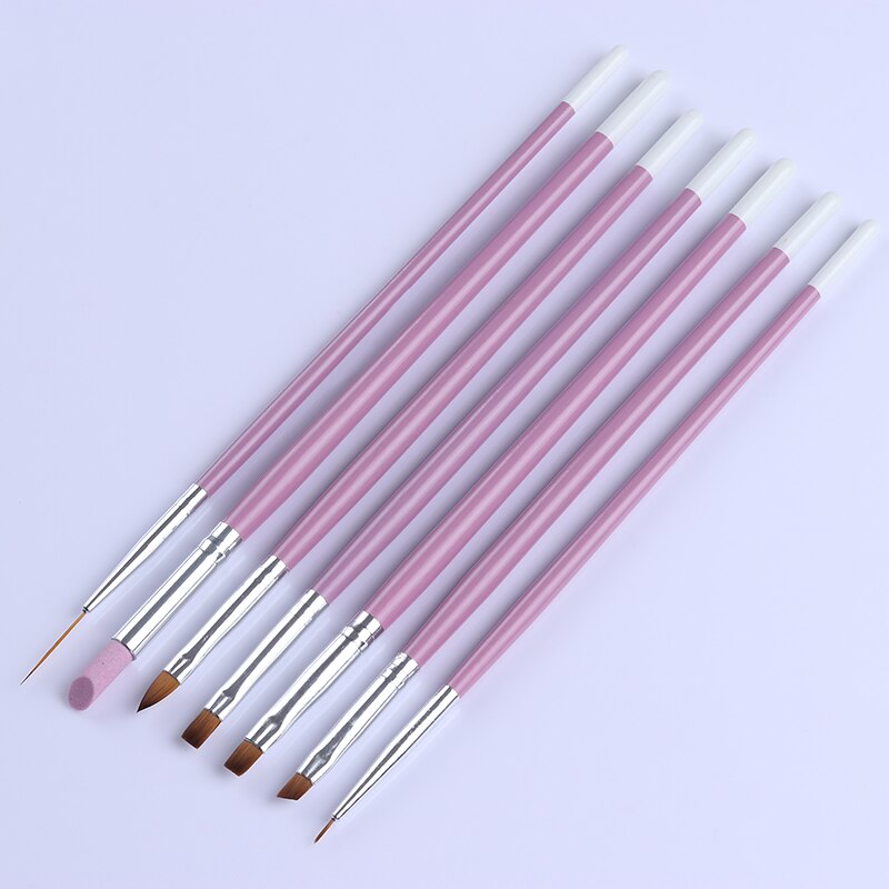 7 Stks/set Nail Brush Pen Schilderen Bloem Tekening Liner Roze Acryl Handvat Uv Gel Cuticle Remover Nail Art Tools
