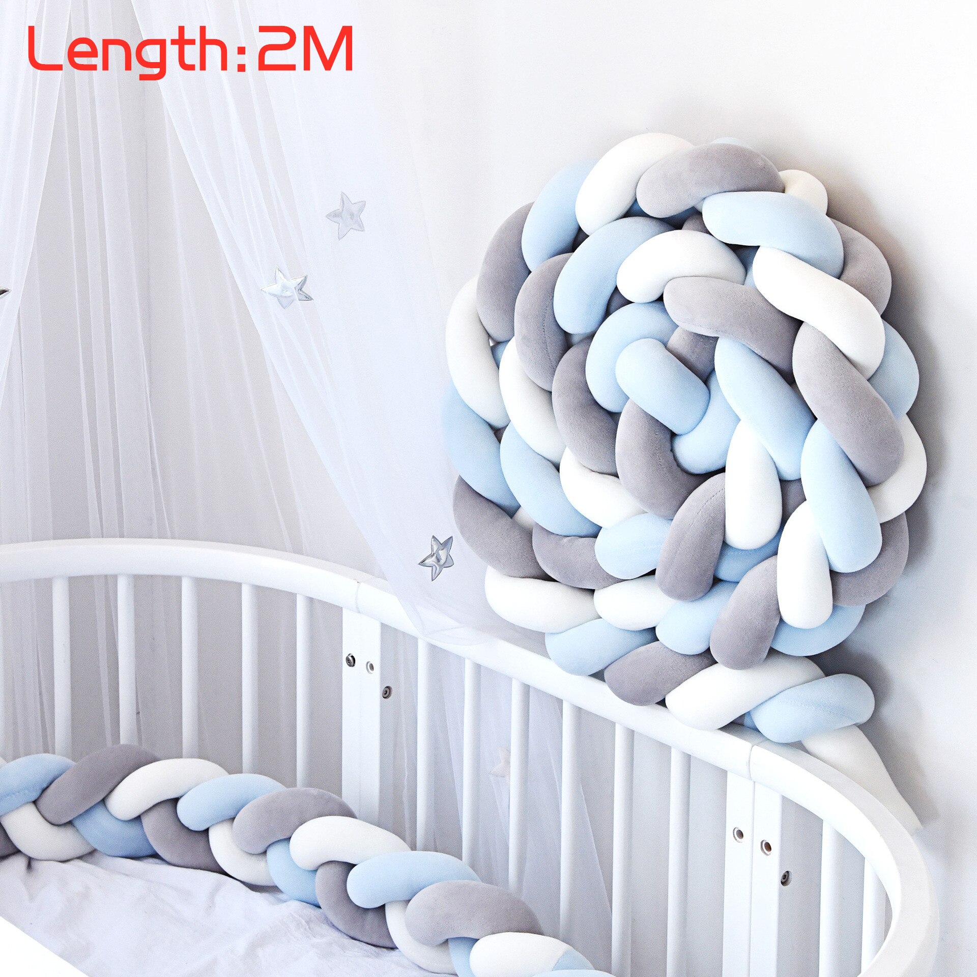 2M Baby Bed Bumper Voor Pasgeboren Baby Bumper Voor Jongens Meisjes Baby Crib Bumper Cot Protector Cuna Para Bebe vangrail Voor Bed Room: Blue-Grey-White