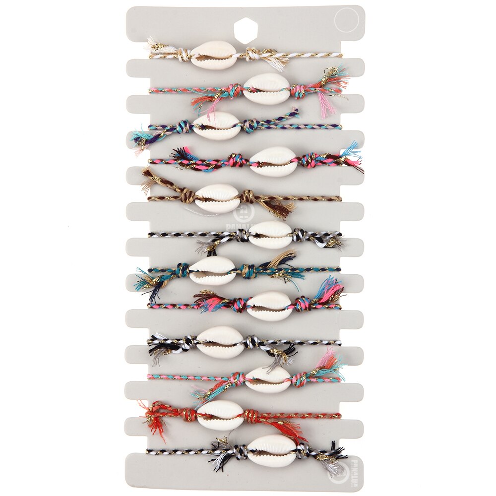 Pulsera de cuerda trenzada con conchas de cristal para mujer, brazalete ajustable hecho a mano con de Calavera, mariposa y mal de ojo, 12 unids/lote: B2752