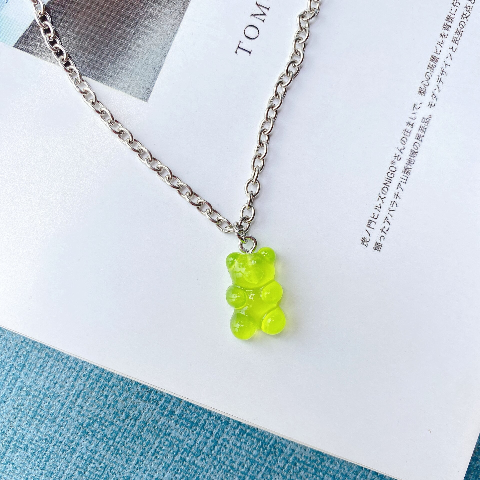 Collier en acier inoxydable fait à la main, 7 couleurs, mignon, ours de bonbons de dessin animé, pendentif de couleur bonbon, bijoux quotidiens pour femmes et filles, de fête: Green