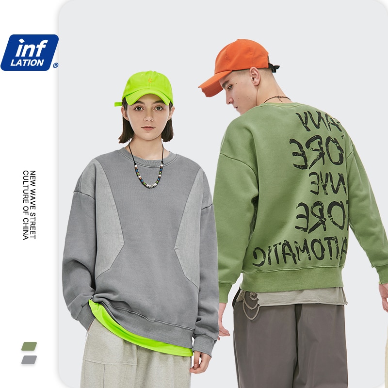 Inflation dreng sweatshirt streetwear grøn sweatshirt herre fleece farve blokbogstaver hip hop oversize sweatshirt mand 1406w