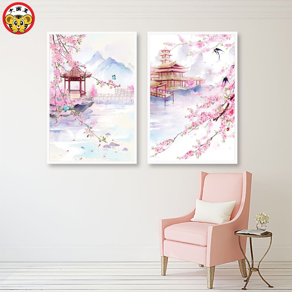 painting by numbers art paint by number Chinese ancient city tower peach landscape costume paintings by numbers on canvas oil