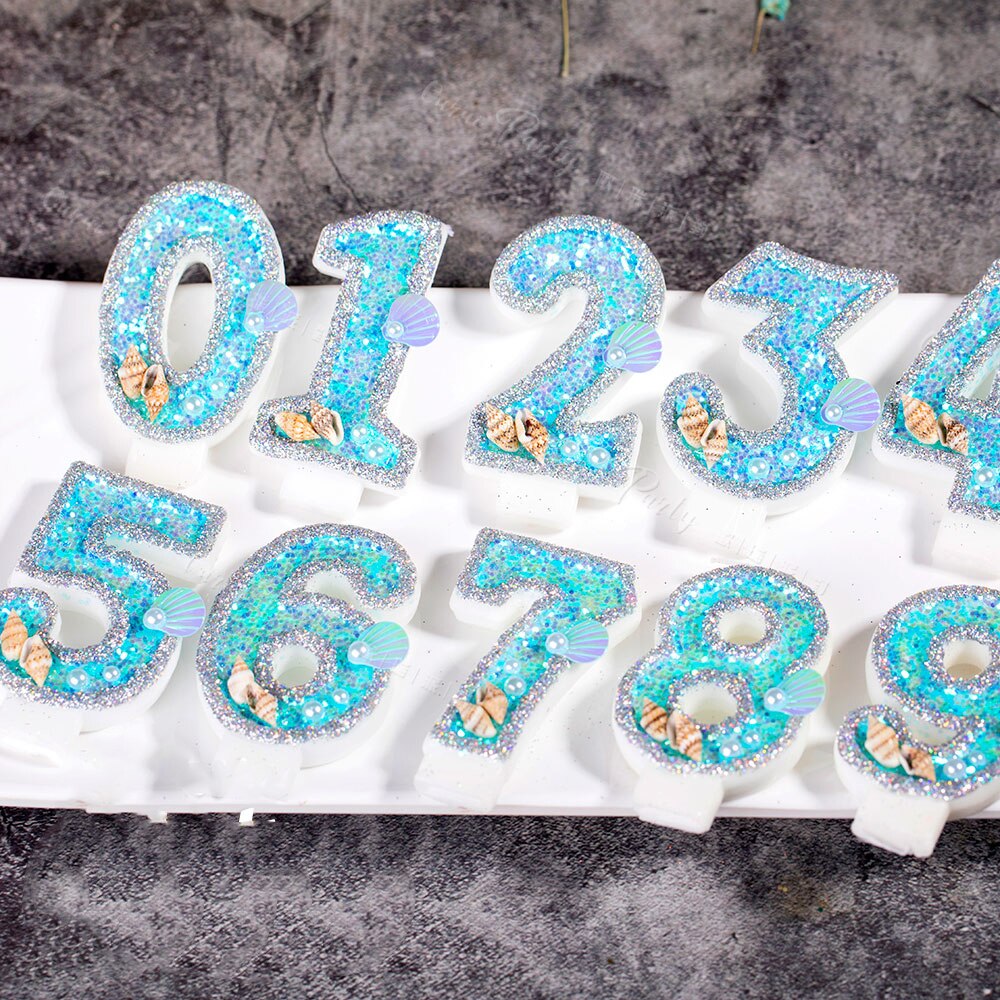 Decoraciones azules para pastel de cumpleaños de bebés y niños, vela de concha de océano brillante para Baby Shower, recuerdo para niños de 0 a 9 velas, suministros para hornear