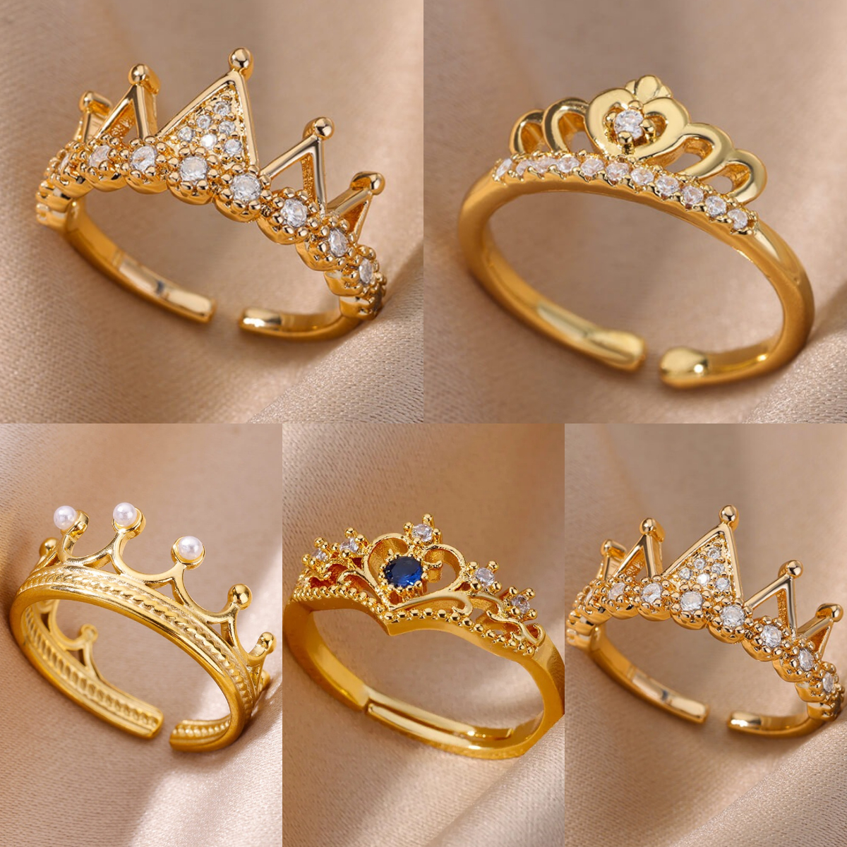 Anillos de corona de circón para mujer, anillo abierto de corona de Color dorado de acero inoxidable Vintage, joyería estética de boda, , bisutería para mujer