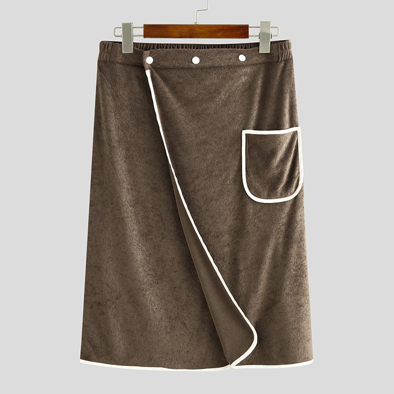 Soft Men Bathrobe Pockets Solid Comfortable Homewear Button Men Bath Skirts Towel Robes Shower Men Beach Bathrobes S-5XL INCERUN: Coffee / S