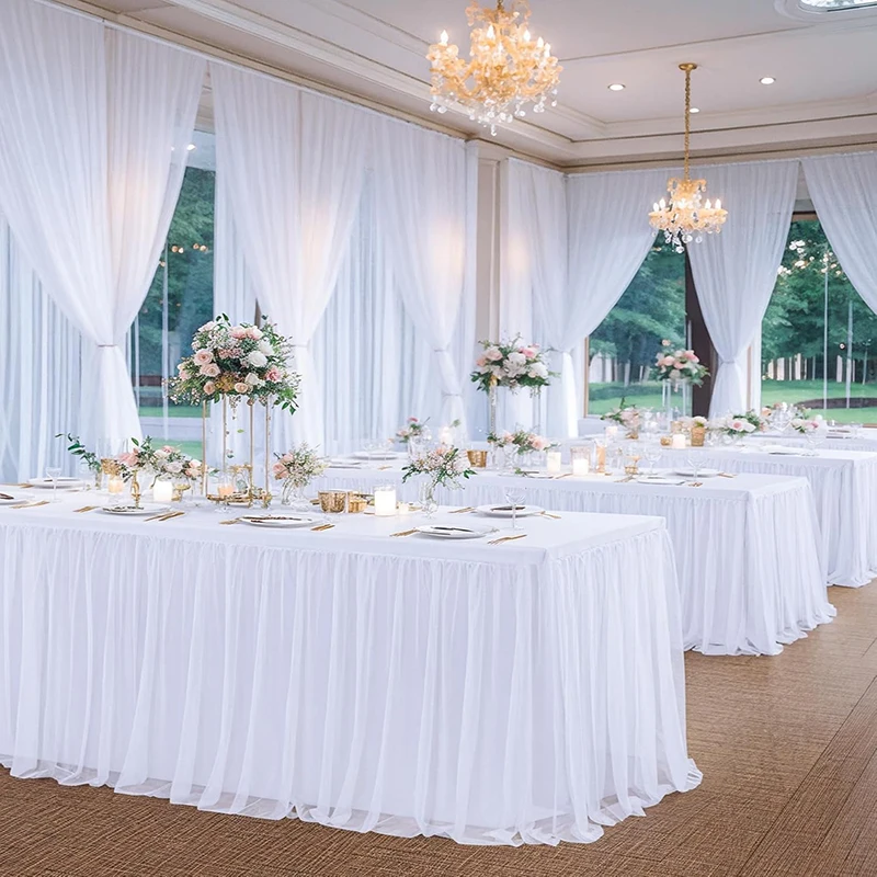 White Tulle Table Skirt Rectangle/Round Tables Ruffle Semi Sheer Tablecloths for Wedding Bridal Shower Birthday Party Decoration