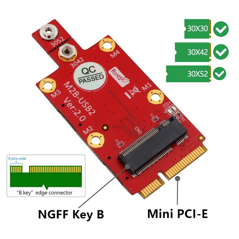 M.2 Key B to Mini PCI-E Adapter with Dual NANO SIM Card Slot for 3G/4G/5G Module
