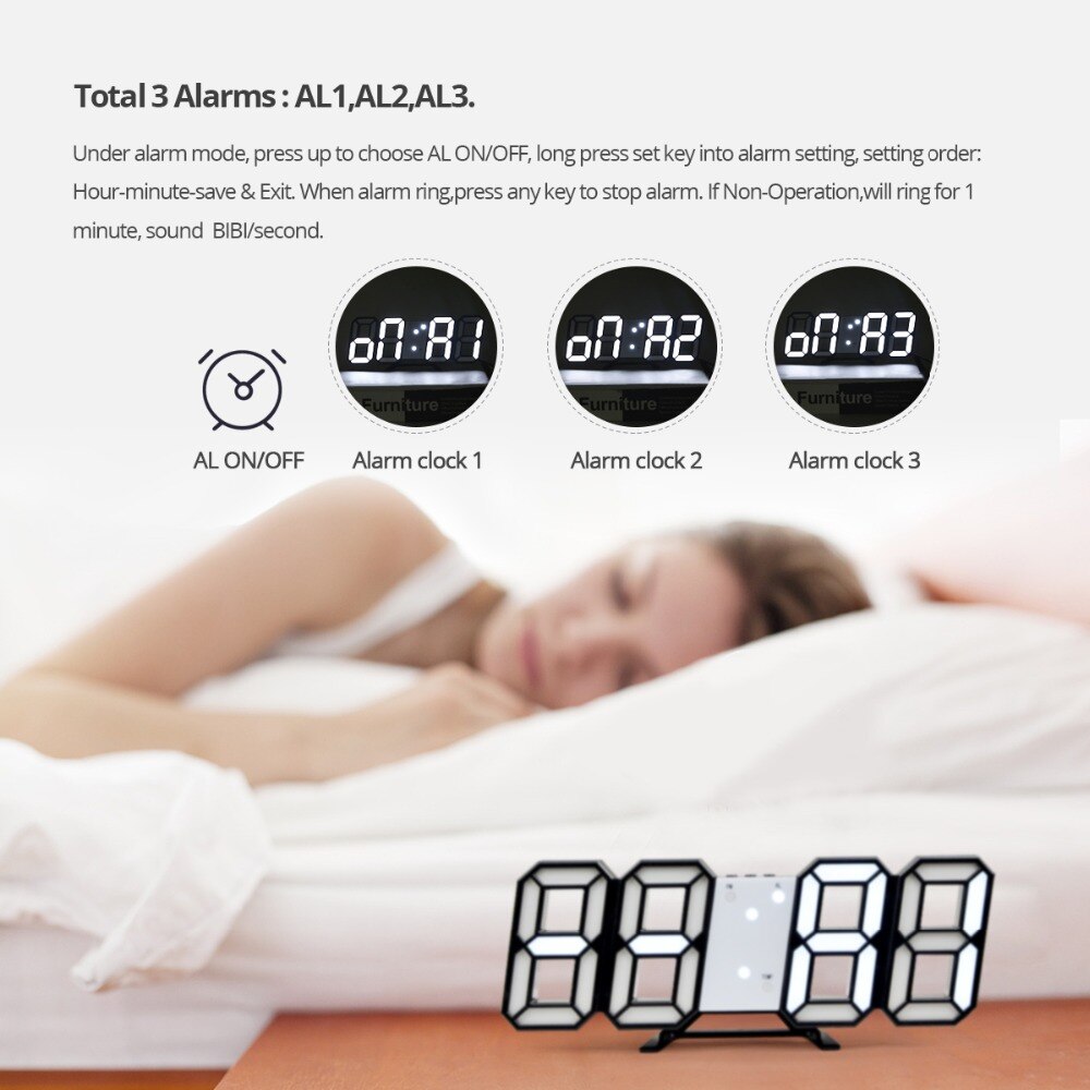 3D Digital Electronic Alarm Clock Hanging Wall Clock 12/24 Hour Calendar Thermometer Snooze Bedroom Desk Office Table Decoration