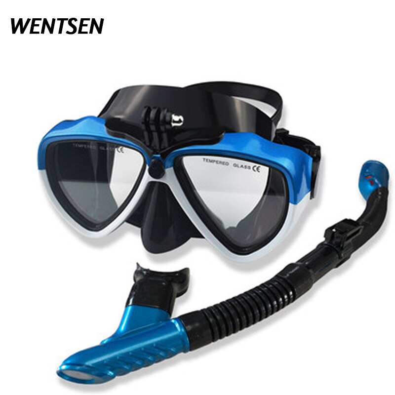 scuba dive mask kits Underwater snorkel deep diving equip full face goggles Suitable For Most Sport Camera: Black blue suit