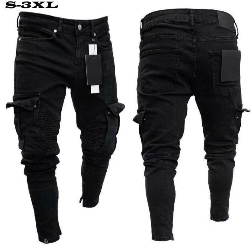 Black Jean Men Denim Skinny Biker Jeans Destroyed Frayed Slim Fit Pocket Cargo Pencil Pants Plus Size S-3XL Hip Hop