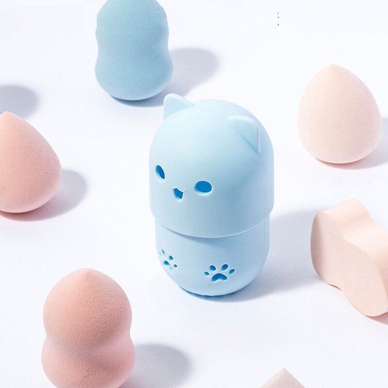 Esponja de silicona para maquillaje con forma de gato, caja de secado de huevos para maquillaje de belleza, caja de esponjas portátil para cosmética, Estuche de transporte, licuadora, soporte de esponja