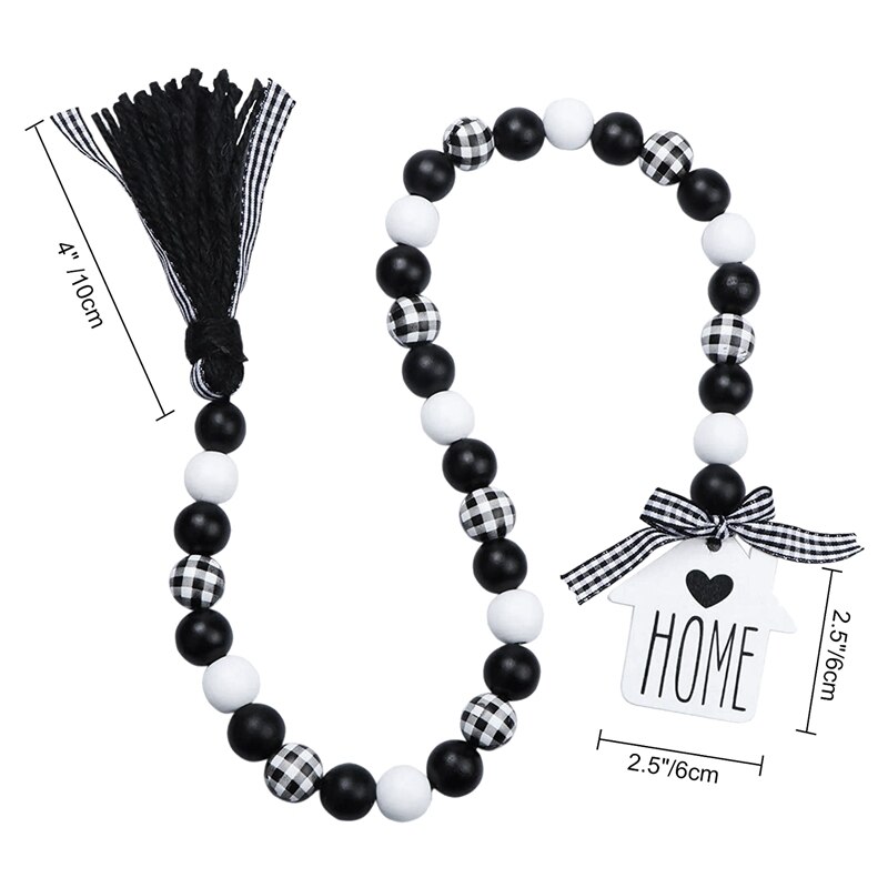 Farmhouse Wood Bead Garland,Black &amp; White Plaid Rustic Wooden Beads with Tassels for Farmhouse Tiered Tray Decor