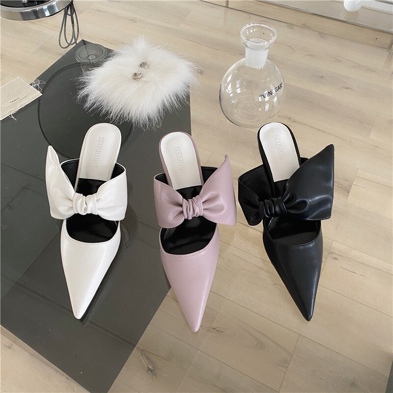Kvinner slides tøfler spiss tå slip on tynne høye hæler tøfler bue muldyr sko slides flip flops pump