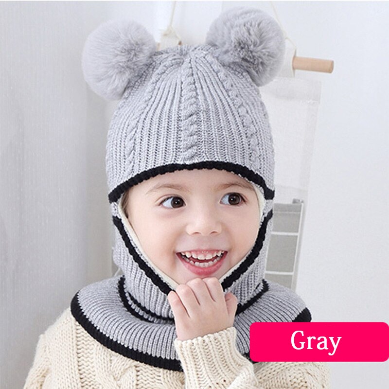 Børn strik hue børn vinter holde varmen huer drenge piger ørebeskyttere kasket baby hue enfant strikket sød udendørs hue  tg0141: Grå