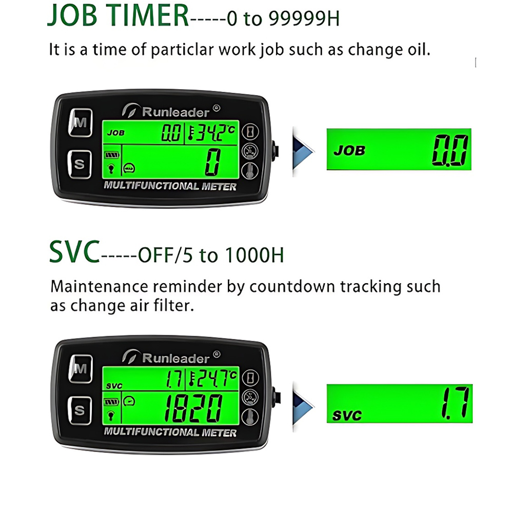 Digital turtallsmåler, motortemperaturmåler, varsling, turtall og temperatur, bakgrunnsbelysning, display for plentraktor, kompressor, generator, snøscooter