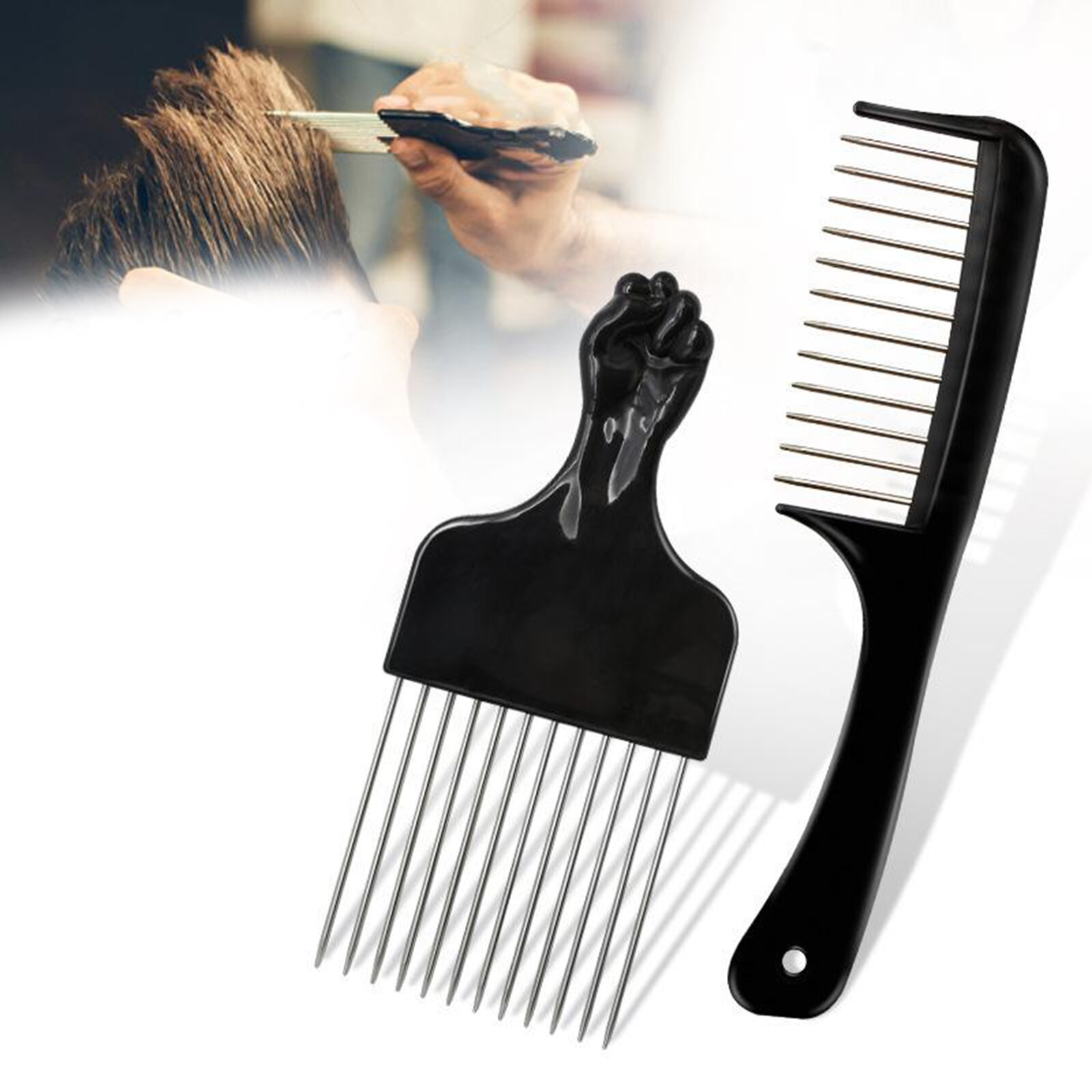 Musta nyrkki afro poimia metalli leveät hampaat hiuskampa volumizing hiusten muotoiluun antistaattinen kampa harja irrotus kampa: Kampasetti