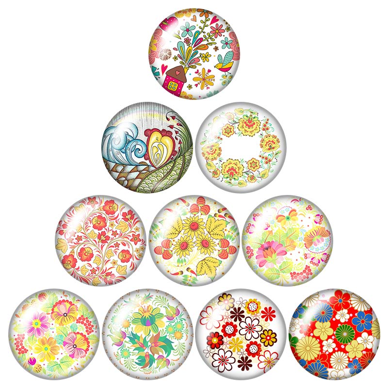 Botones a presión de 18mm con de flores, margaritas y lirios, foto redonda mixta, estilo de cabujón de cristal para joyería con botón a presión, 10 Uds.: DB0060