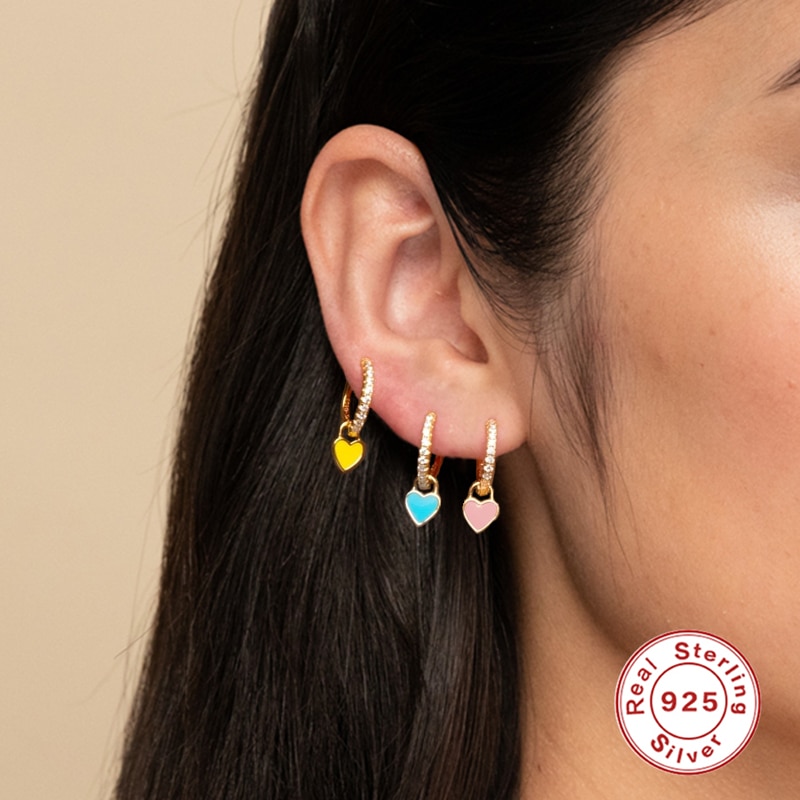 GS 925 Sterling Silver Hoop Earrings With Cute Candy Neon Color Enamel Heart Charm Earring Gold Silver Color For Girls