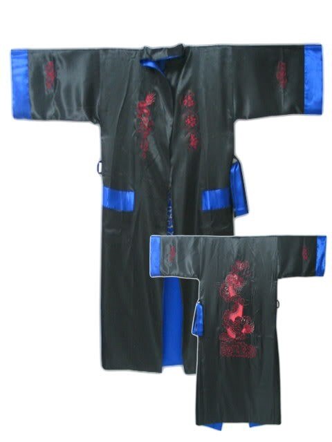 Rød sort kinesisk #39 vendbar silke satin broderikåbe kimono badekjole drage one size r -005