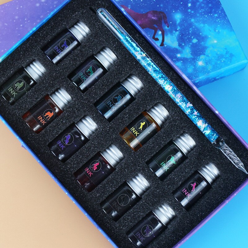 7/13pcs Glass Dip Pen And Blue Ink Sets Box Sequin Series Signature Pencil Handicraft Dip Pens Glass Pencils: Star Blue