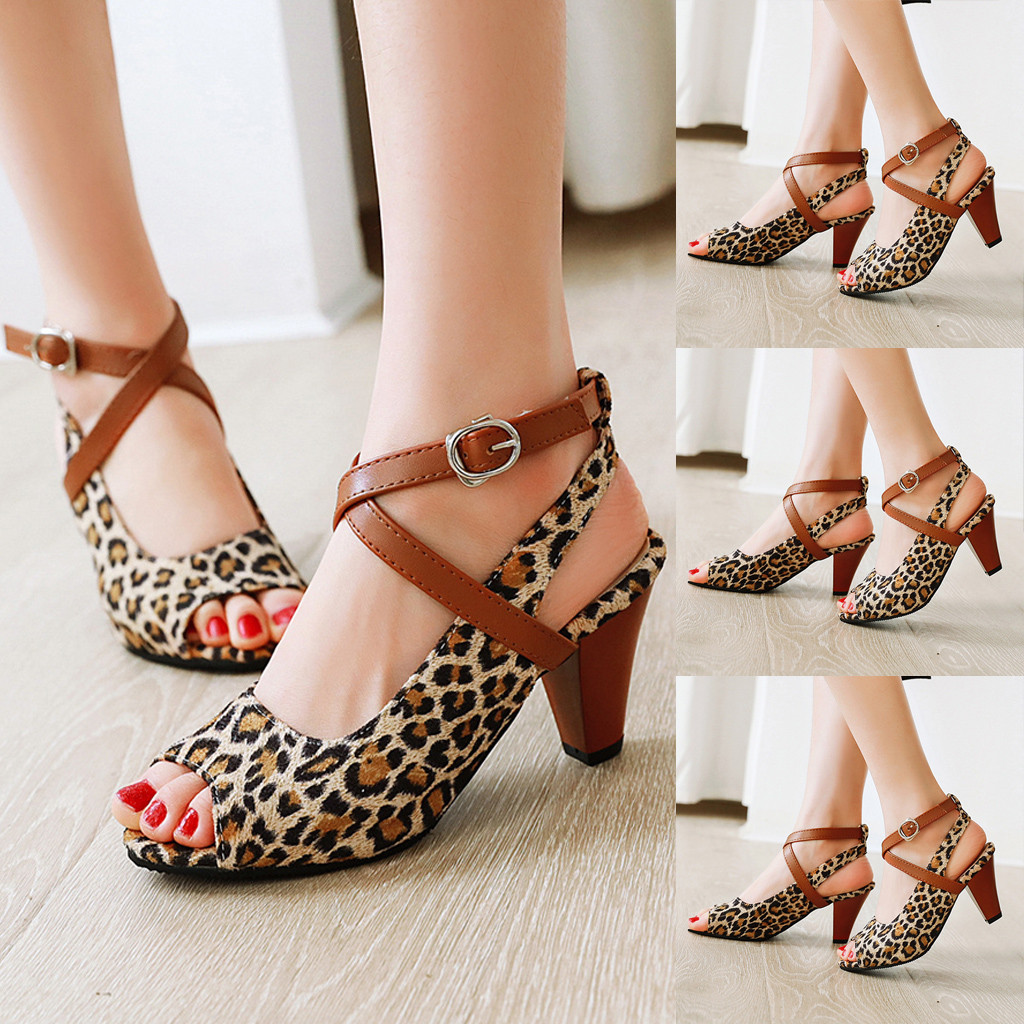 Women's Open-Toe Ankle Buckle Strap Sandals Fish Mouth Leopard Shoes High Heeles sandales femmes plage#0125G10