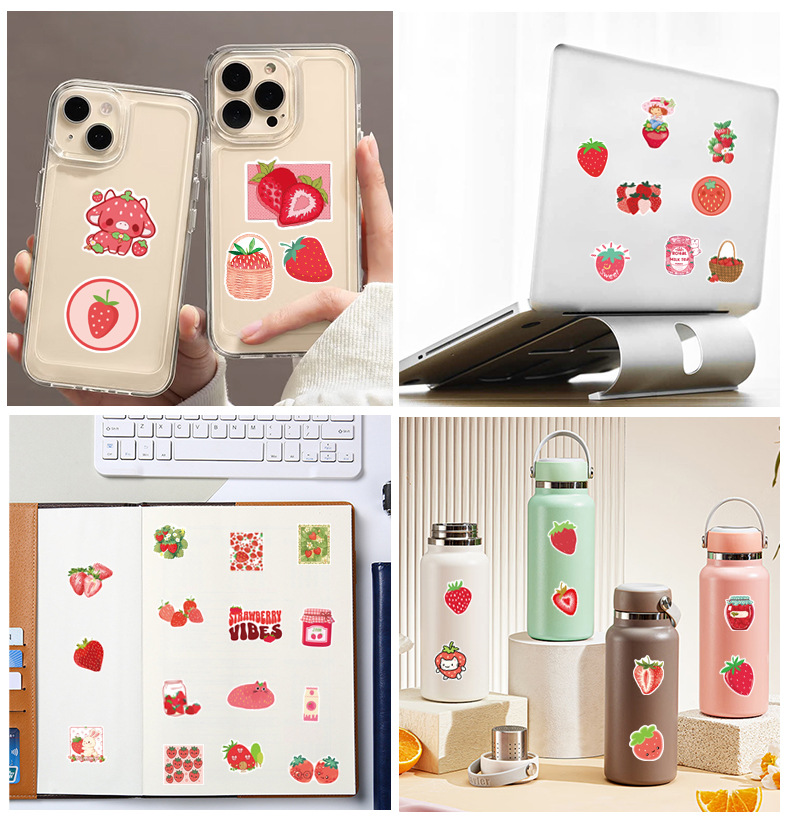 50Pcs Kawaii Strawberry Stickers DIY Stickers Scrapbooking Phone Luggage Skateboard Vinyl Waterproof Graffiti Decals