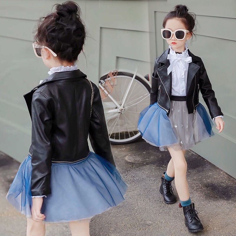 Liakhouskaya Spring Kids Leather Jacket Girls PU Jacket Children Leather Outwear For Girl Baby Girl Jackets Skirt
