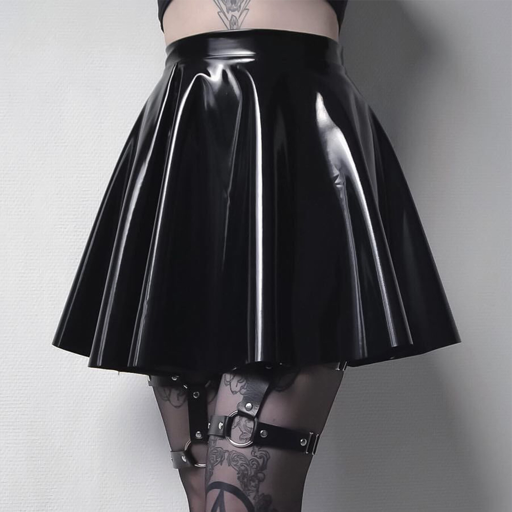 Falda plisada de cuero de PVC con aspecto húmedo brillante para mujer, minifaldas de baile, color negro liso, línea A, para y discoteca: S