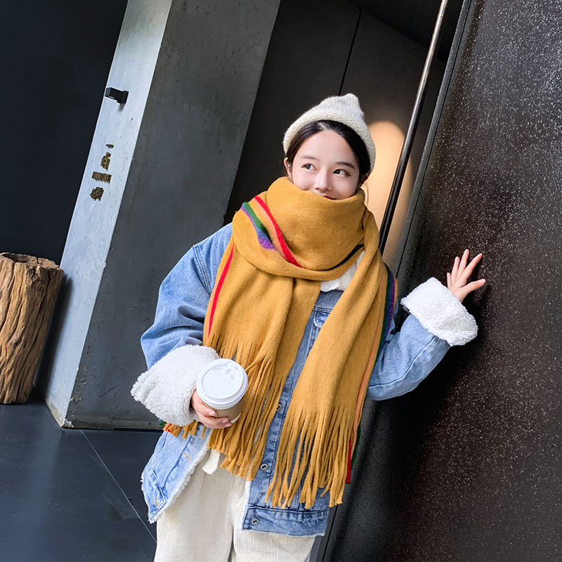 Novo designer arco-íris cachecol de caxemira feminino inverno quente xales pashmina macio listrado senhoras borla longo envoltório