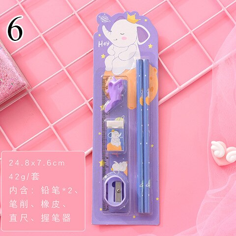 Conjunto de lápices lindos Kawaii con goma de borrar soporte de pluma con sacapuntas para la escuela de los niños 6 piezas de papelería Set de: 6