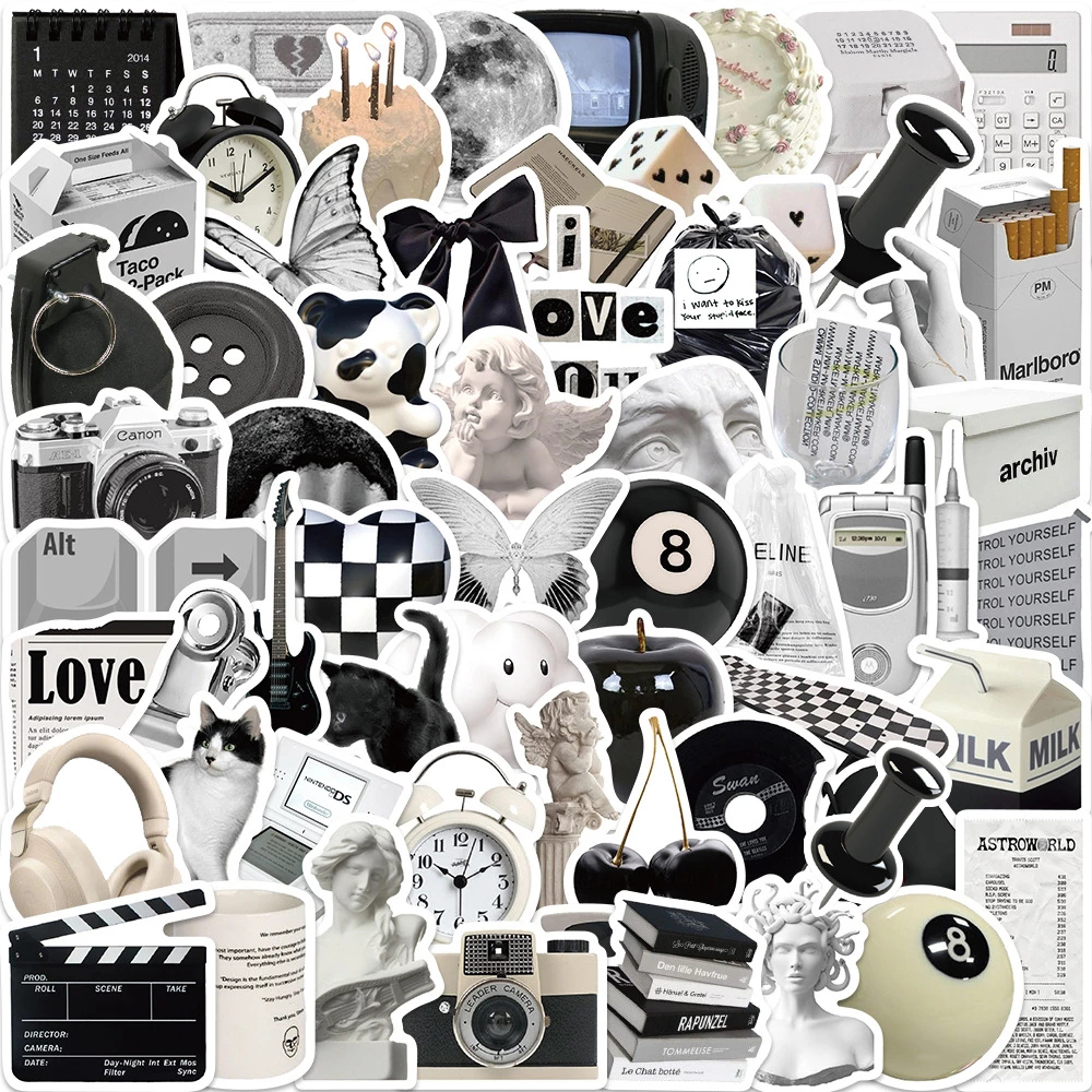 10/30/61 stk. søde sort-hvide klistermærker i indvendig stil, æstetiske klistermærker, notesbog, bærbar computer, telefon, kuffert, scrapbooking, dekoration, klistermærke: Lysegul