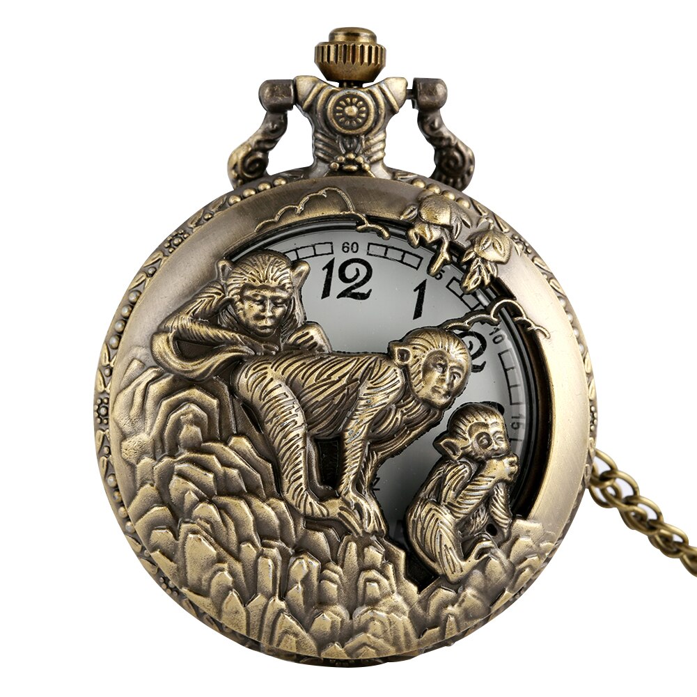 Bronze Quartz Pocket Watch Chinese Zodiac Monkey Steampunk Arabic Numerals Clock Fob Watches Necklace Men Women