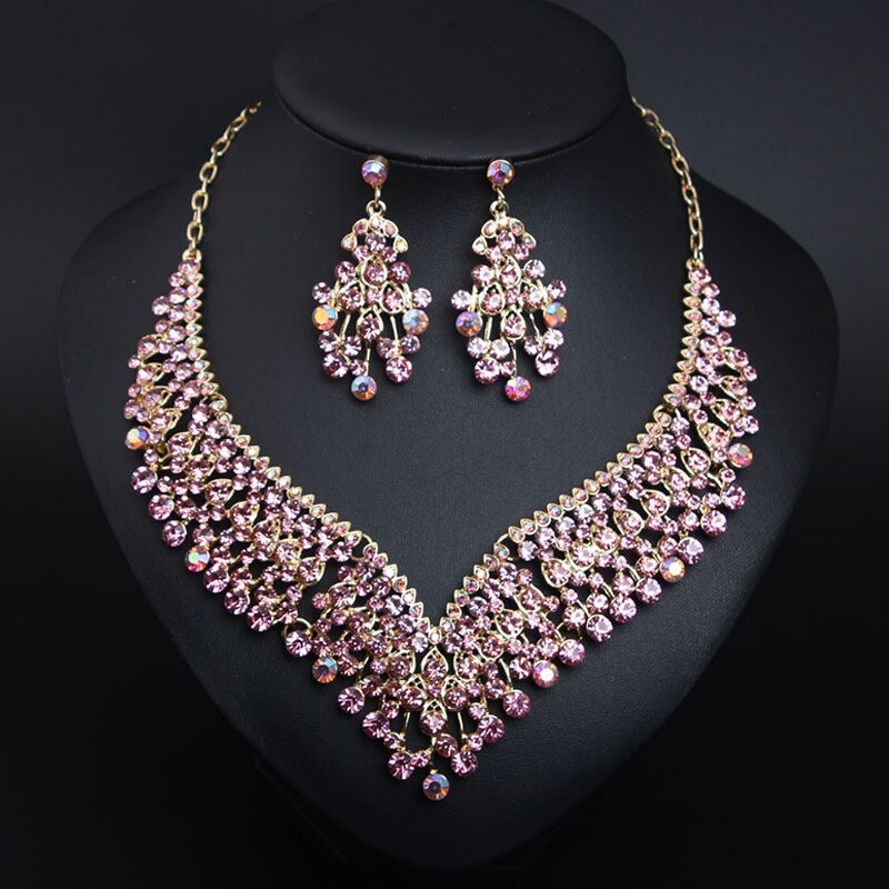 Red Rhinestone Earrings Necklace Set Jewelry Sets Women Gold Color Choker Bridal Wedding Party Costume Accessories: Pink