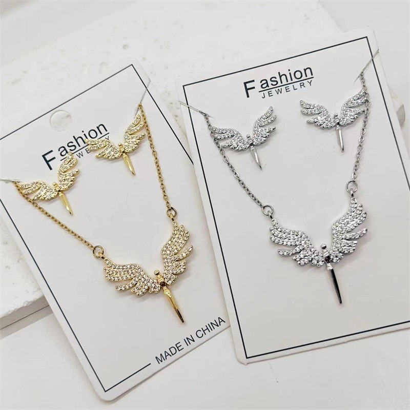 joyas árabes marroquí conjuntos bimba y lola bolsos joyas de Conjunto de collar y pendientes de acero inoxidable con alas de Ángel Micro adornadas, colgante clásico, cadena de clavícula de noche, a la y Linda