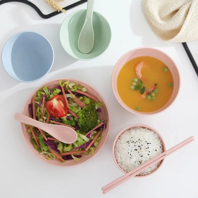 Husholdningskopp, tallerken, frokostblandingsbolle i én pakke, fruktgaffel, servise, risbolle, miljøvennlig plastbolle med hvetestrå