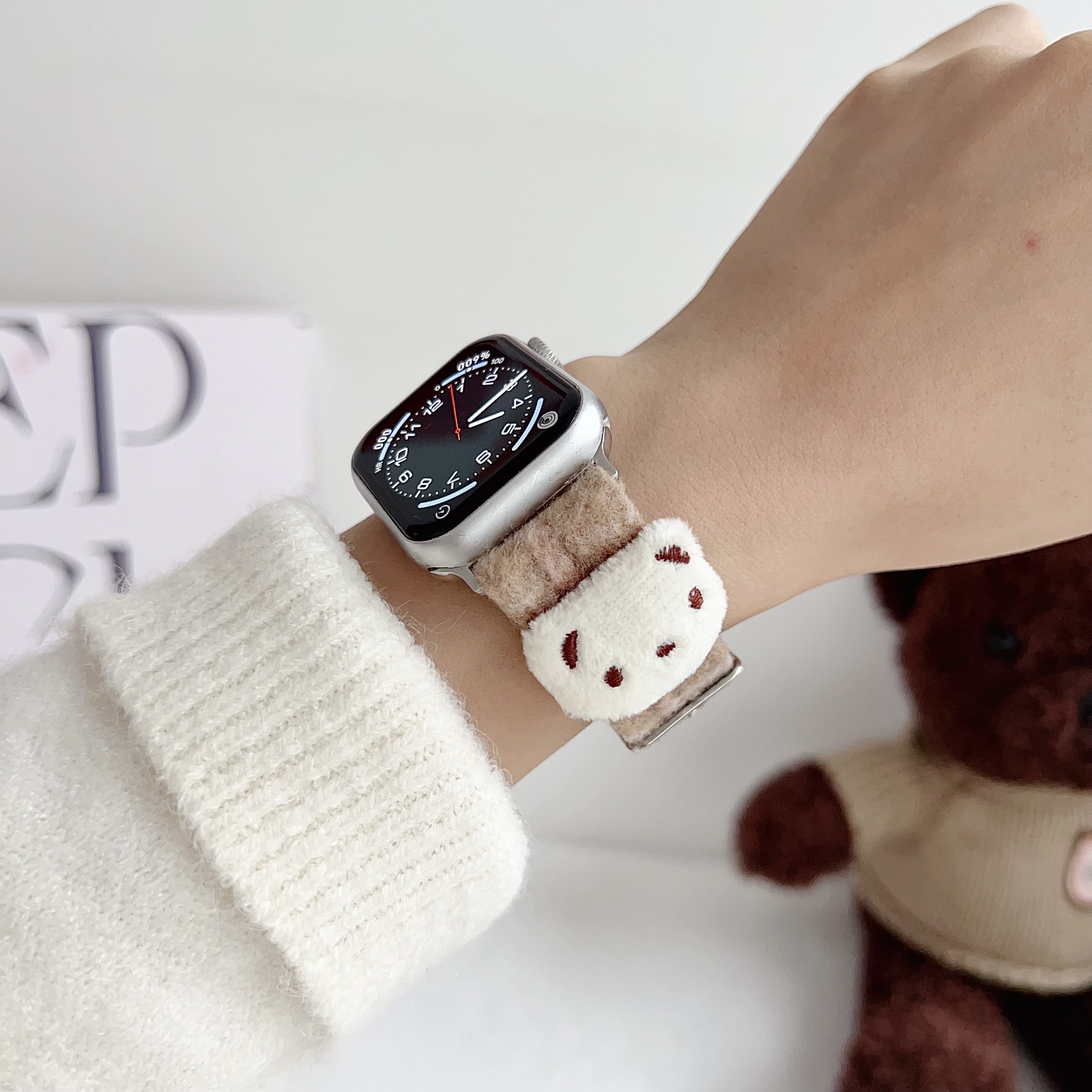 Leren band voor Apple Watch Band Meisjes Schattige beer Armbandketting met Iwatch9876SE Ultra40 41 44 45 mm Dames Pluche Doek Pols