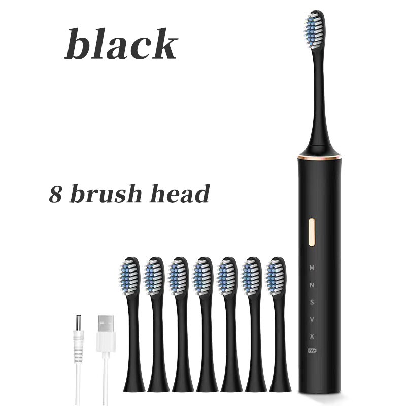 Smart electric toothbrush adult students soft hair automatic USB charging ultrasonic couples brushing comfortable and healthy: black 8Heads