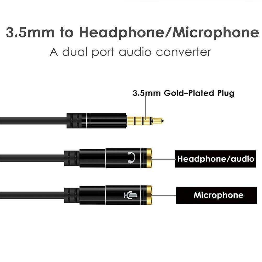 Portable Headset Adapter Splitter 3.5mm Jack Cable with Separate Mic and Audio Headphone Connector