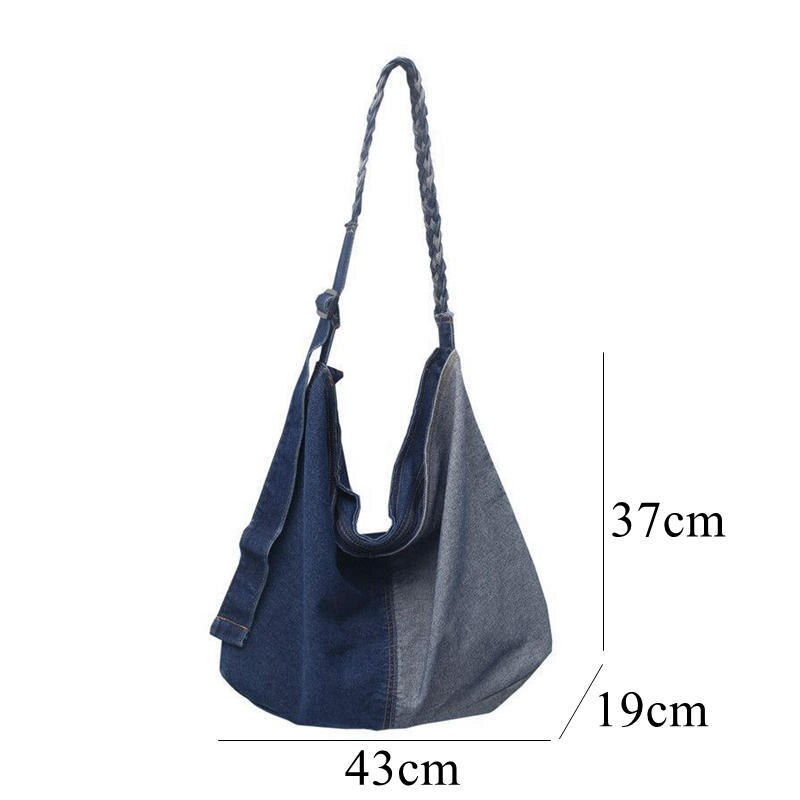 WOONAM-Bolso de hombro tipo Hobo para mujer, bolsa Extra grande de lona vaquera con contraste de Color, para ir de compras