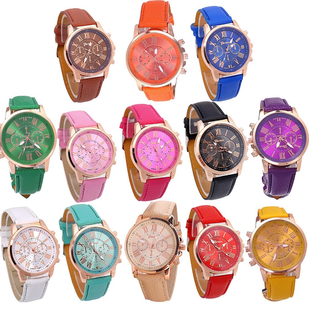 Merk multifunctioneel analoog ronde grote wijzerplaat quartz leren band horloge polshorloge kleurrijke band