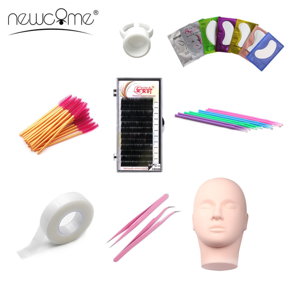 NEWCOME Individual Eyelash Extension Training Kit Practice Mannequin Head Set False Eyelash Grafting Makeup Tools