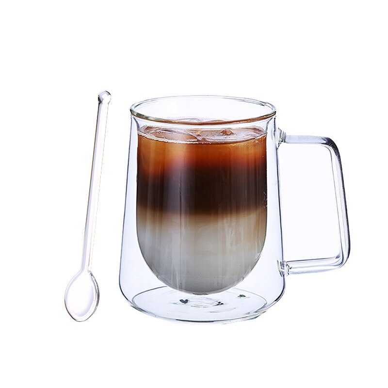 Glass kopp gjennomsiktig glass kopp drikkeglass dobbel vegg glass kaffekopper med lokk glass kopp krystall glass krus: N7190t med skje