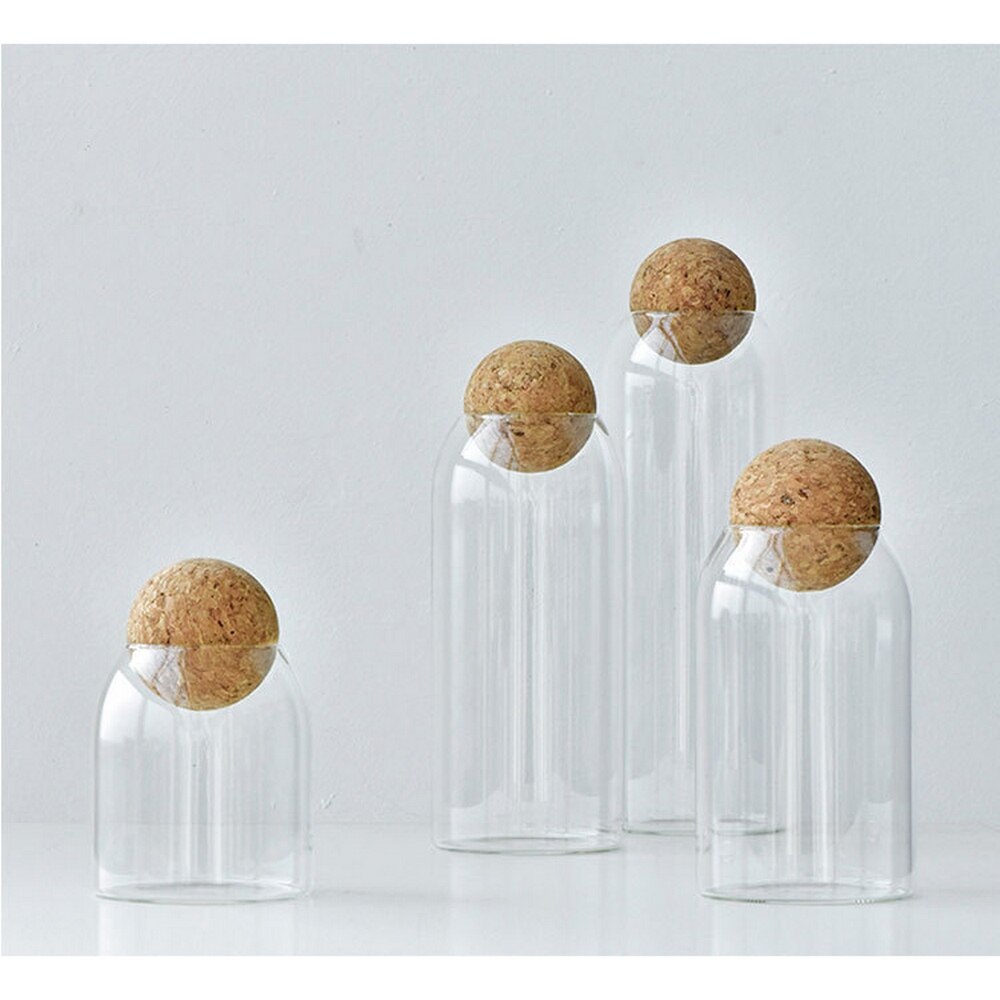 Glass Storage Jar Round Ball Cork Seal Transparent Glass Storage Jar Coffee Tank Grains Dried Fruit Sealed Jar Kitchen Storage