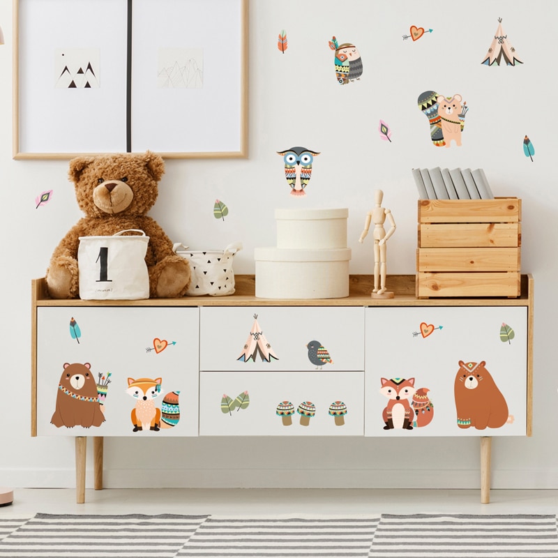 Tofok Ins adhesivos de pared de animales tribales creativos DIY estilo indio niños sala de estar TV sofá Fondo calcomanía Casa o guardería Decoración