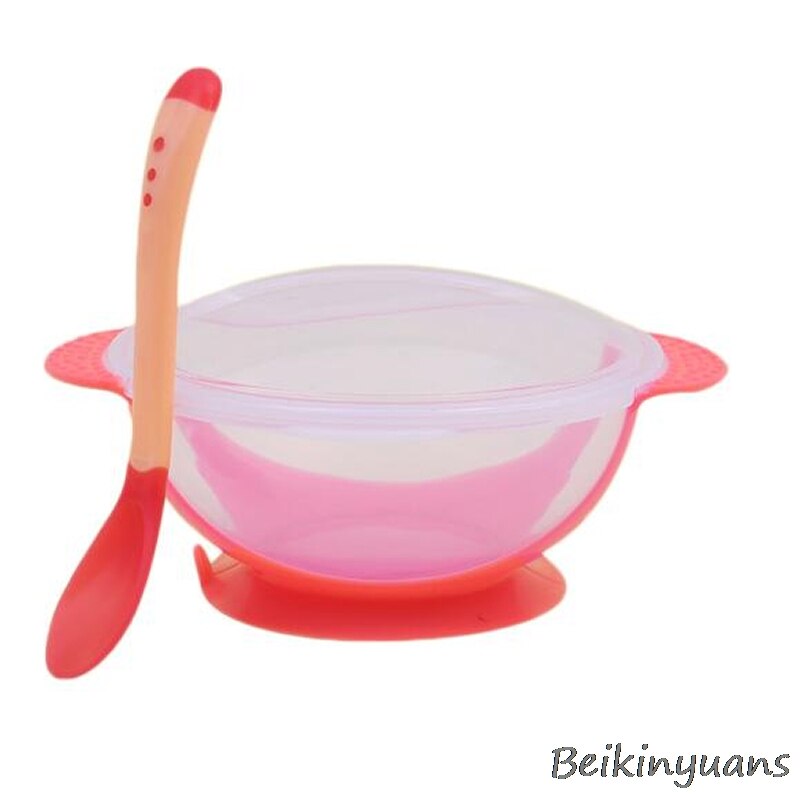 Bol à ventouse antidérapant pour enfants, cuillère à induction de température, fourchette pour enfants, formation, vaisselle antidérapante: Red spoon bowl
